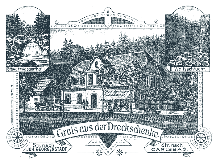 Eine der ältesten Darstellungen der Dreckschänke: Lithographie von Hübler & Strödel, Reichenbach i/V um 1890. Über der Tür ist das 1887 dort angebrachte Porzellanschild 'Vulgo Dreckschenke' angedeutet.